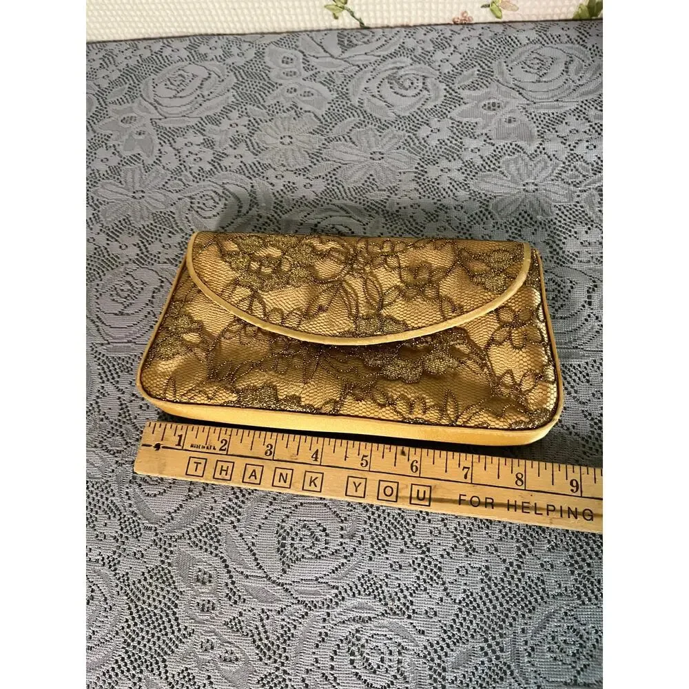 Gold Metallic Lace Evening Clutch Bag Braided Rope Strap Mirror Formal Purse